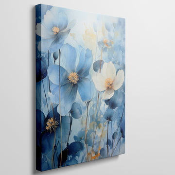 Framed canvas print of abstract blue and golden watercolour floral art