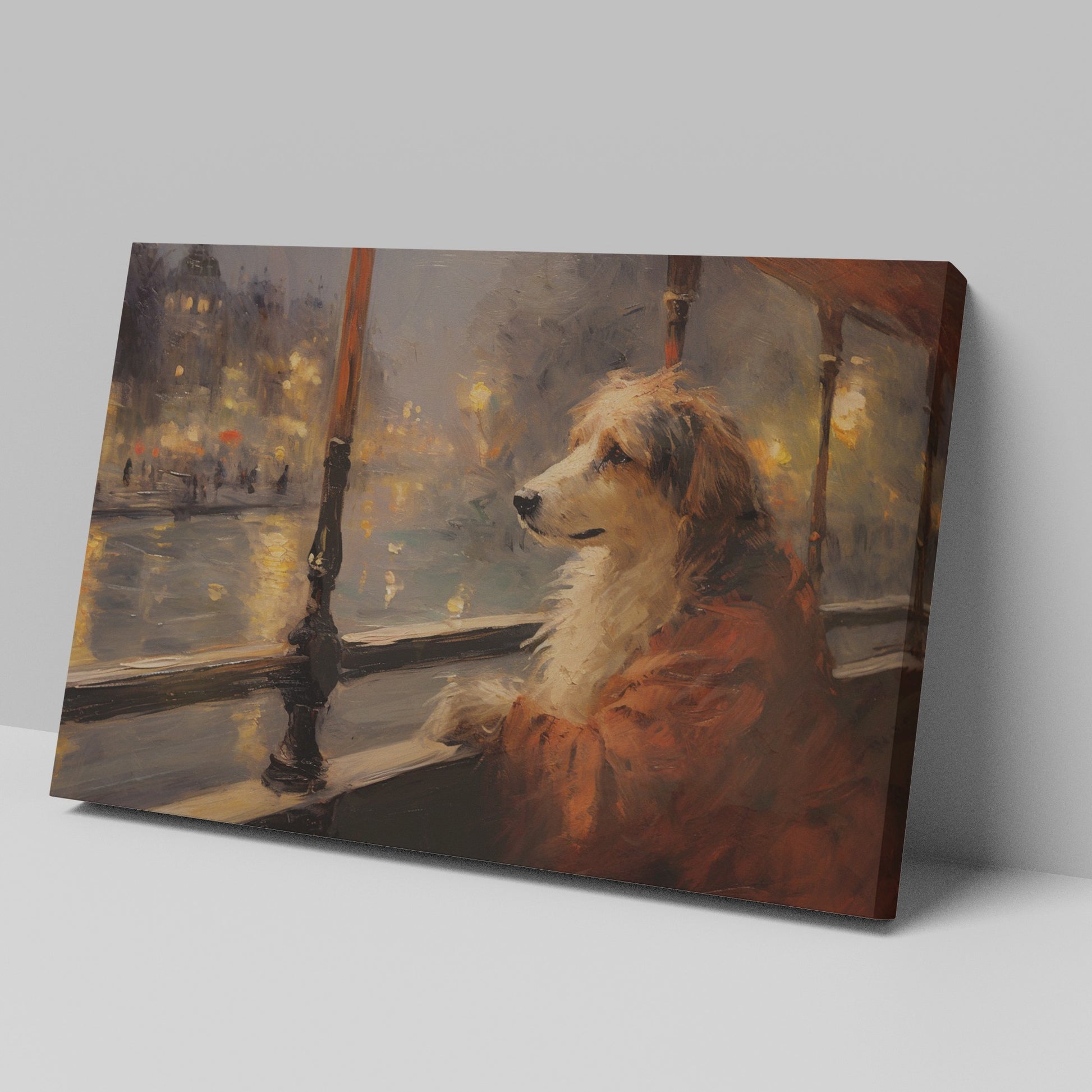 Framed canvas print of a dog looking out of a window at a city scene with warm, glowing lights