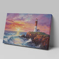 Impressionist painting of a lighthouse at sunset with vibrant red and blue tones and dynamic waves