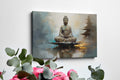 Framed canvas print of a serene Buddha in meditation with warm and earthy tones