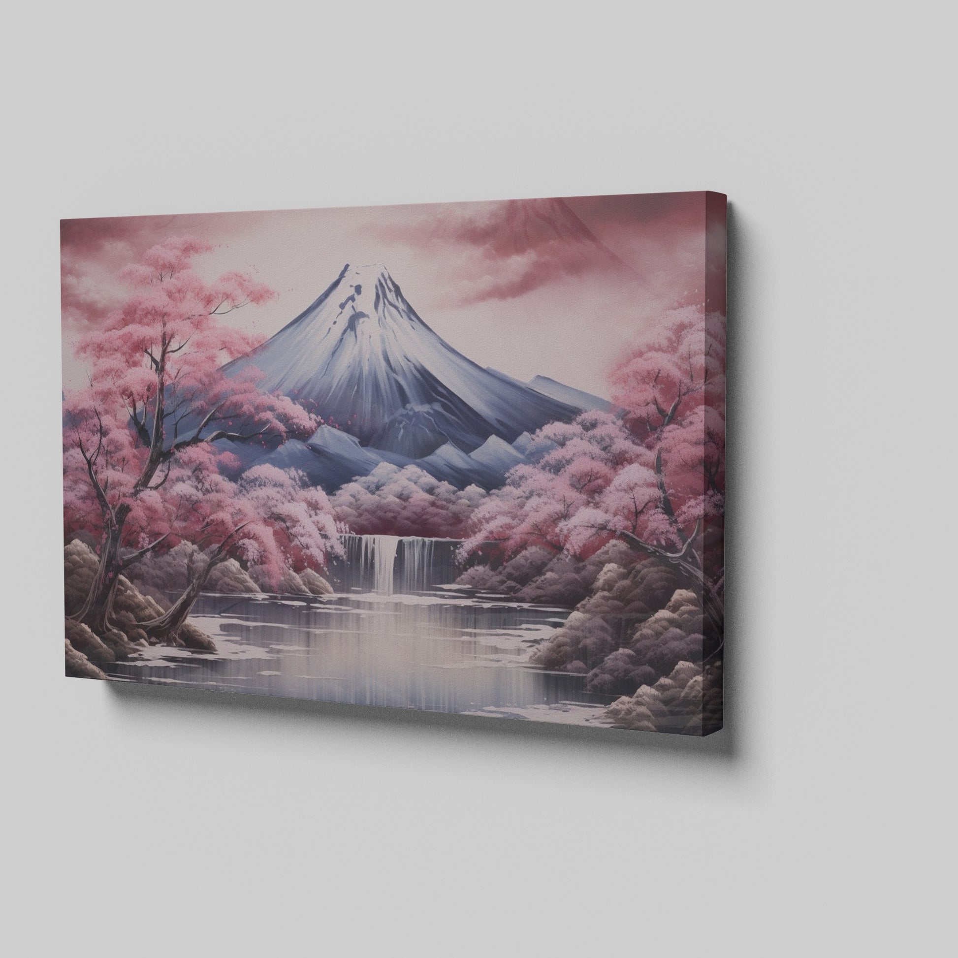 Framed canvas print of Mount Fuji with cherry blossoms and reflective lake