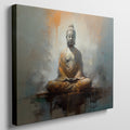 Framed canvas print of serene Buddha in meditation with abstract warm background