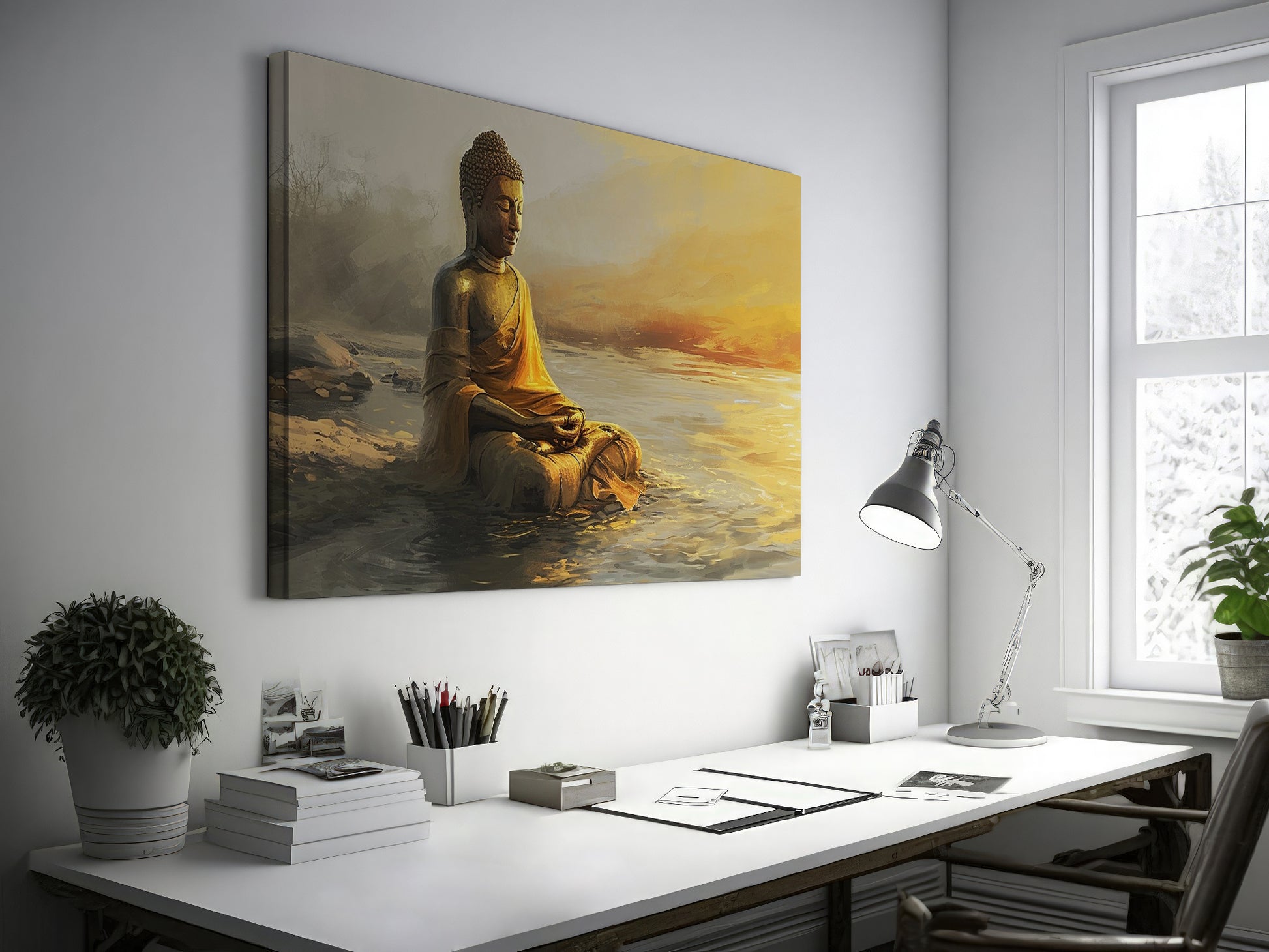 Wall canvas print of a meditative Buddha statue in golden and orange hues reflecting on tranquil waters at sunrise.