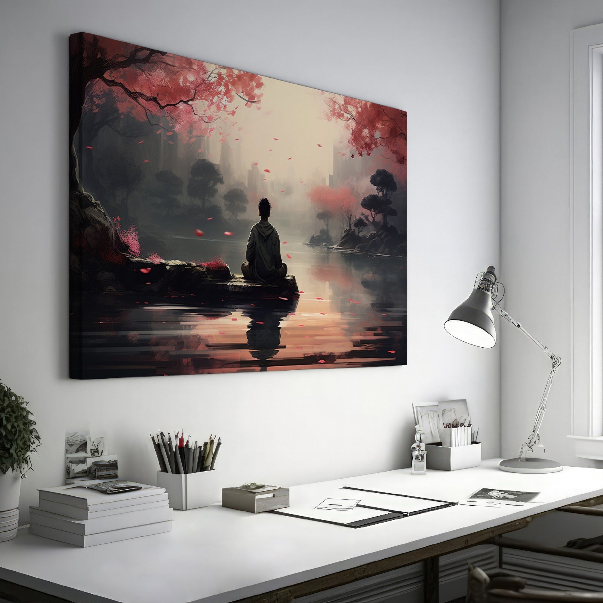 Framed canvas print of a serene digital painting with a figure sitting near water, reflecting cherry blossoms and a city silhouette