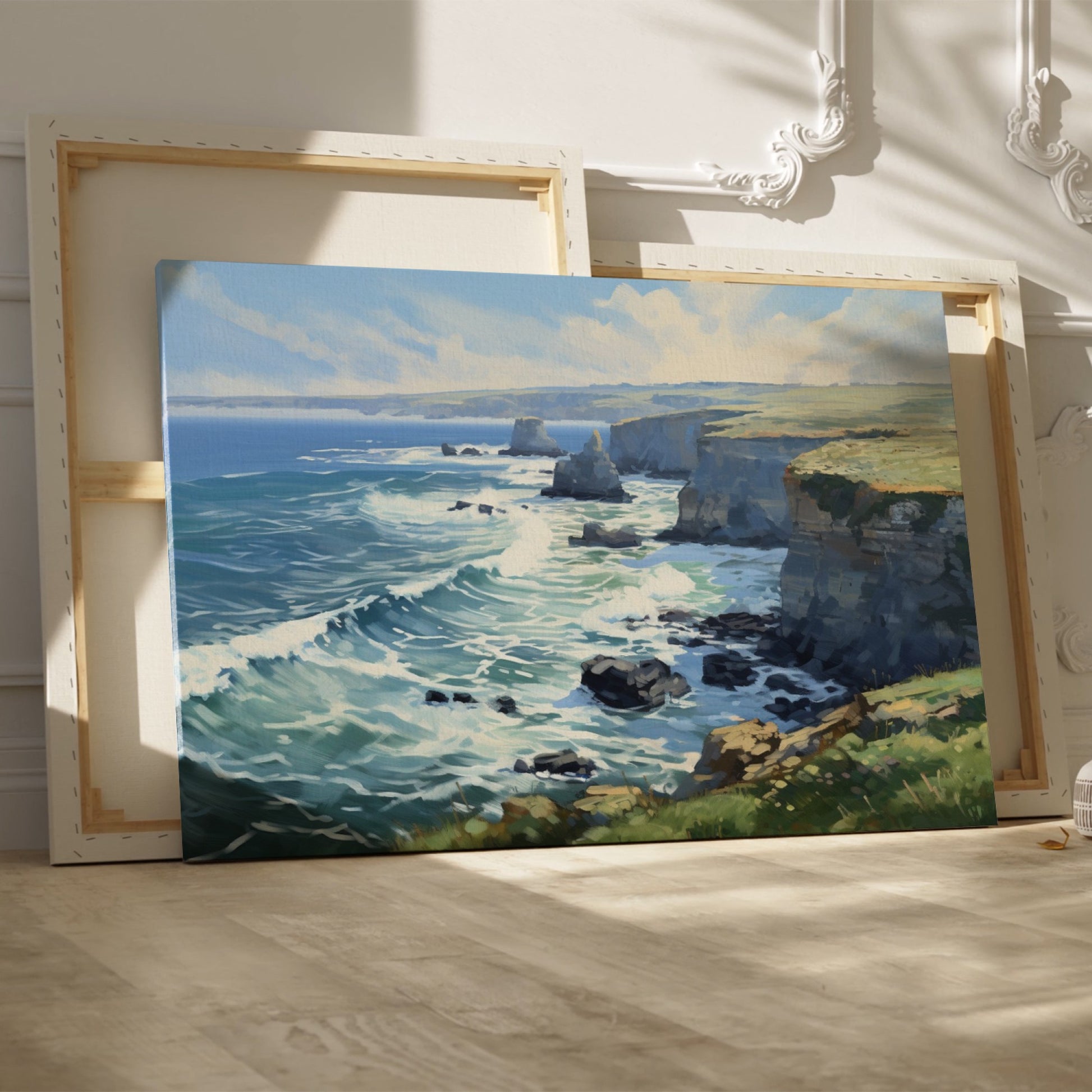 Framed canvas print of a coastal cliffside seascape with ocean waves and sunny skies