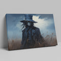 Framed canvas print of a dark fantasy scarecrow in a desolate field, under a brooding sky