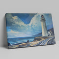 Framed canvas print of a coastal lighthouse with vibrant blue skies and ocean