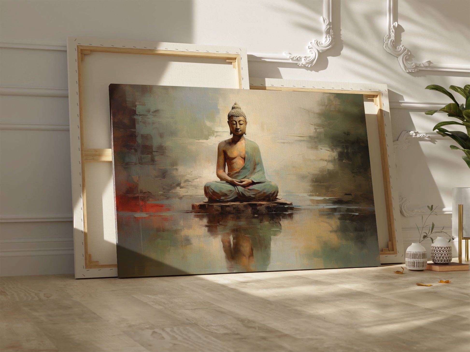 Framed canvas print of a meditative Buddha in warm tones with a reflective water effect