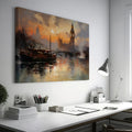 Framed canvas print of London's Big Ben and River Thames at sunset with warm orange hues