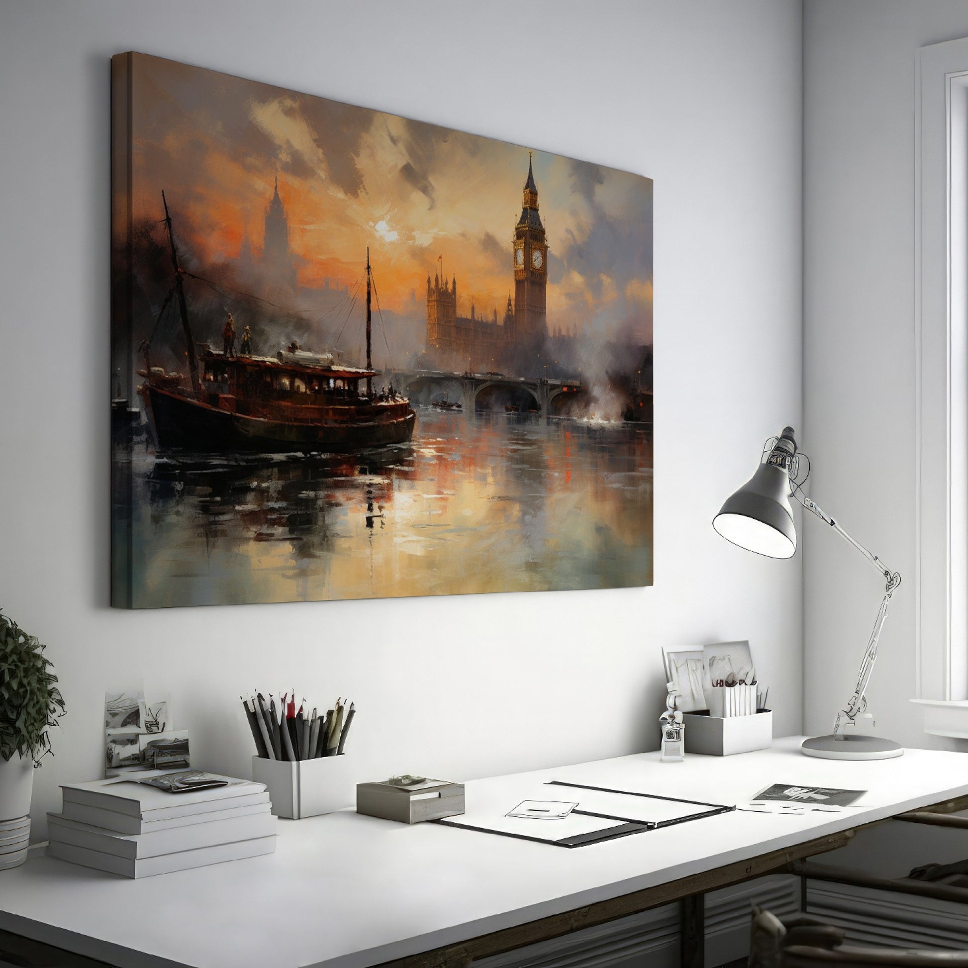 Framed canvas print of London's Big Ben and River Thames at sunset with warm orange hues