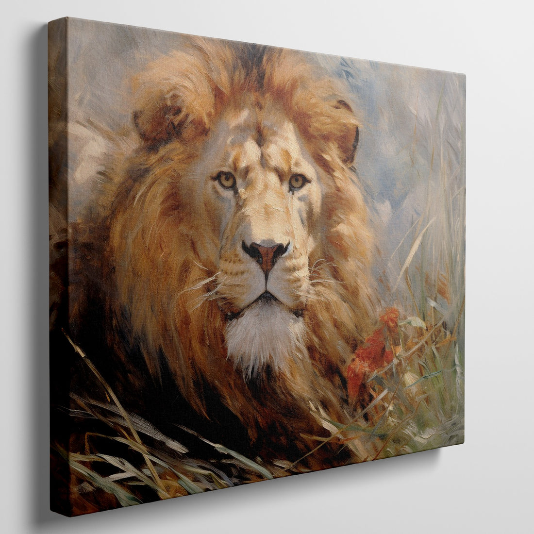 Framed canvas print of a realistic lion portrait in warm, earthy tones set in a savannah backdrop