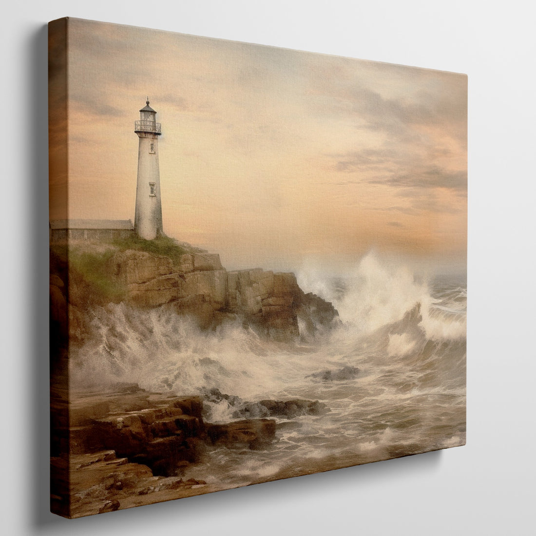 Warm-toned canvas print of a lighthouse on rocky cliffs with waves crashing against the shore under a soft orange sky