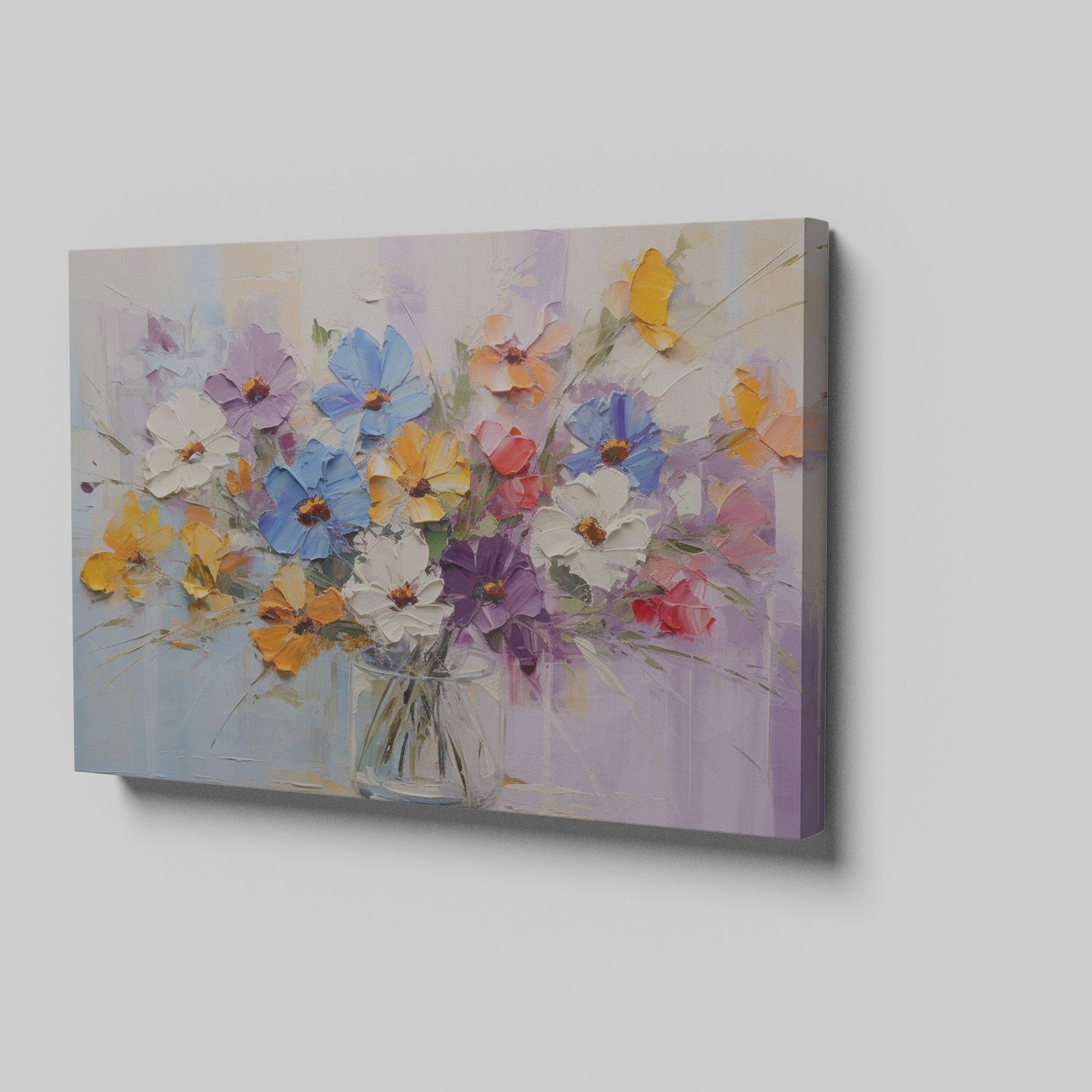 Framed canvas print of vibrant impasto painted flowers in a vase with rich textures and a colourful palette