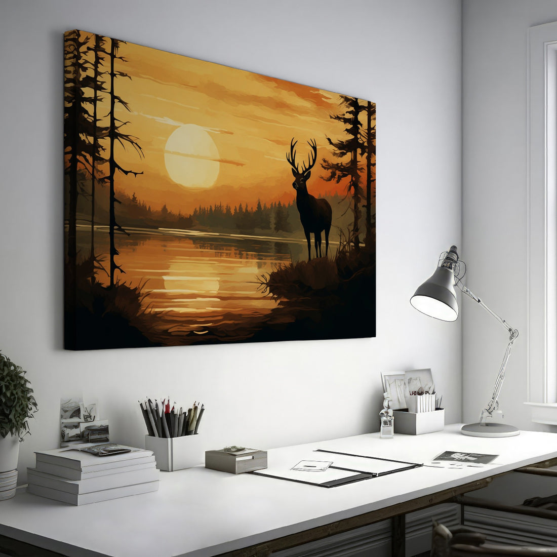 Digital art of a stag against an orange sunset backdrop with a reflective lake and surrounding forest