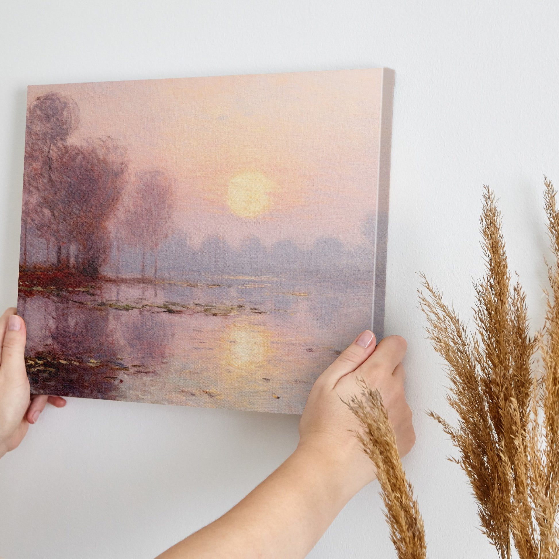 Framed canvas print of a misty river sunrise with reflection and soft pastel colours in impressionist style