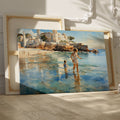 Framed canvas print of a sunlit Mediterranean beach with a mother and child