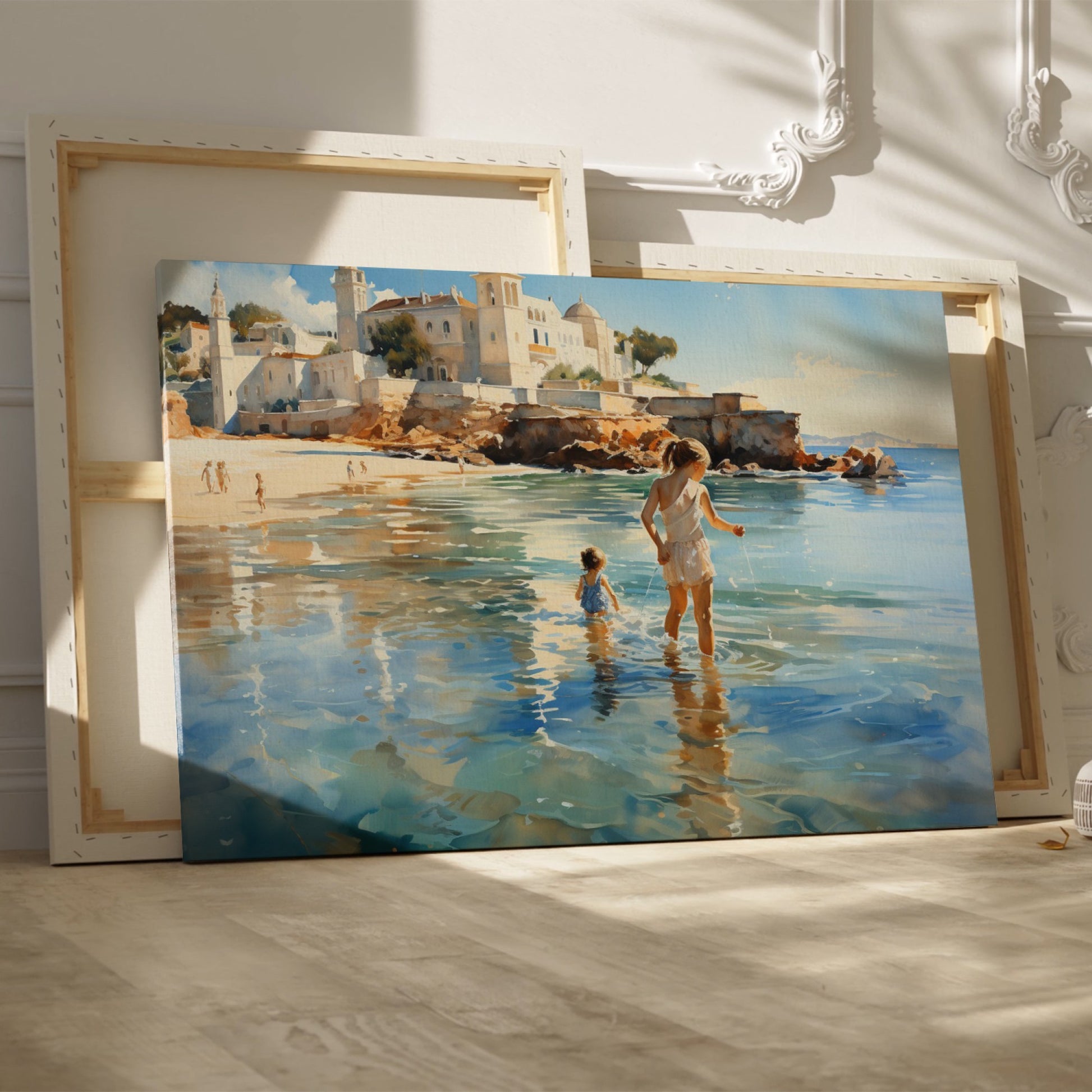 Framed canvas print of a sunlit Mediterranean beach with a mother and child