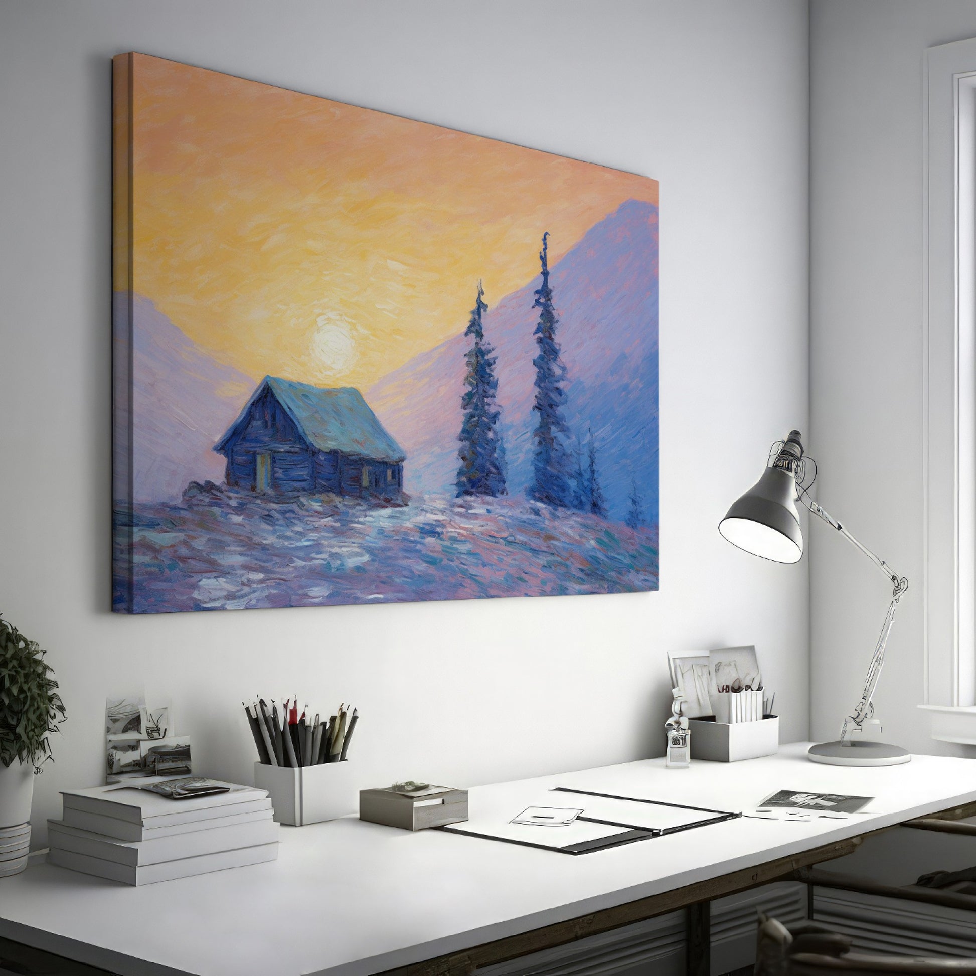 Framed canvas print of an impressionist painting with a mountain cabin at sunset