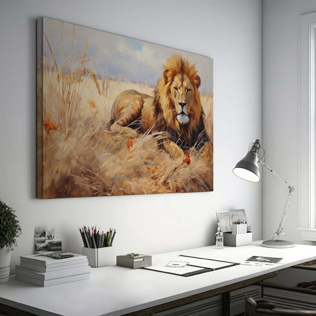 Framed canvas print of a realistic lion lying in the grass of the African savanna, with warm golden tones