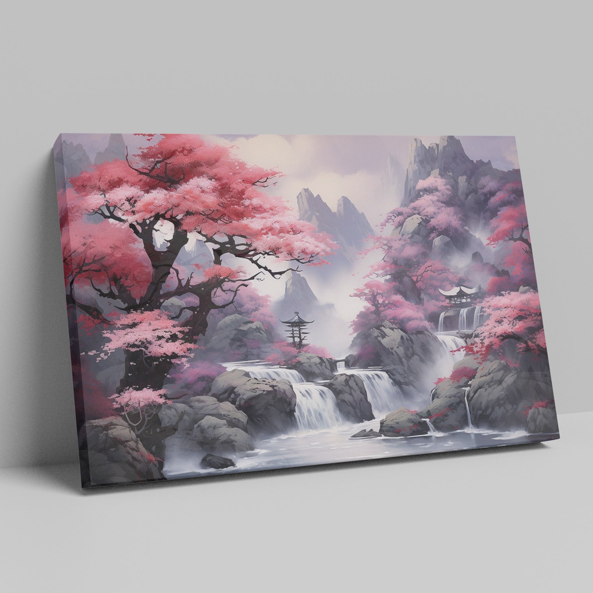 Framed canvas print of a mystic Eastern landscape with cherry blossoms and a mountain waterfall