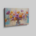 Framed canvas print of lively impressionist floral bouquet with vibrant purples, oranges, and yellows