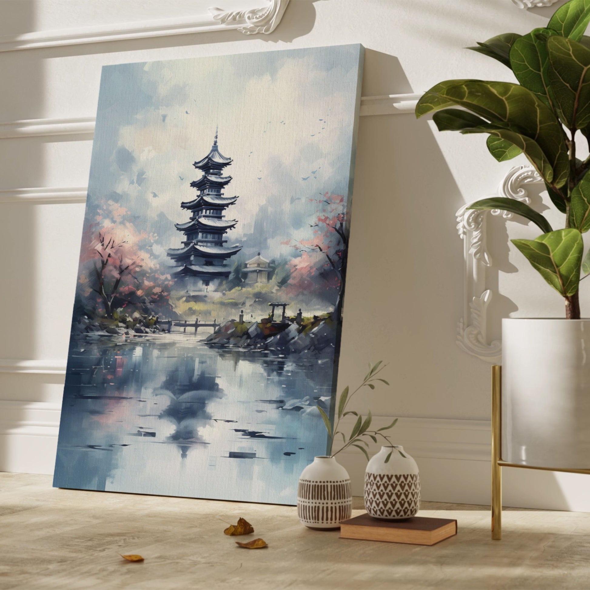 Framed canvas print of an impressionist painting showing a pagoda and cherry blossoms with reflections in water