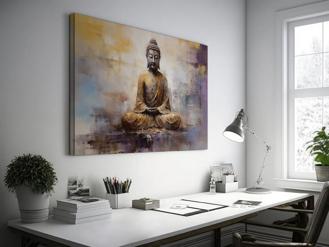 Framed canvas print of a golden Buddha in meditative pose with abstract background