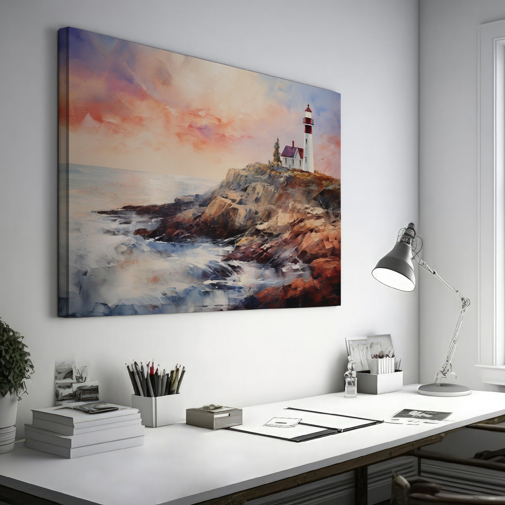 Framed canvas print of an impressionist lighthouse at sunset with vibrant colours