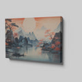 Framed canvas print of an Oriental Sunset with Cherry Blossoms and Mountains