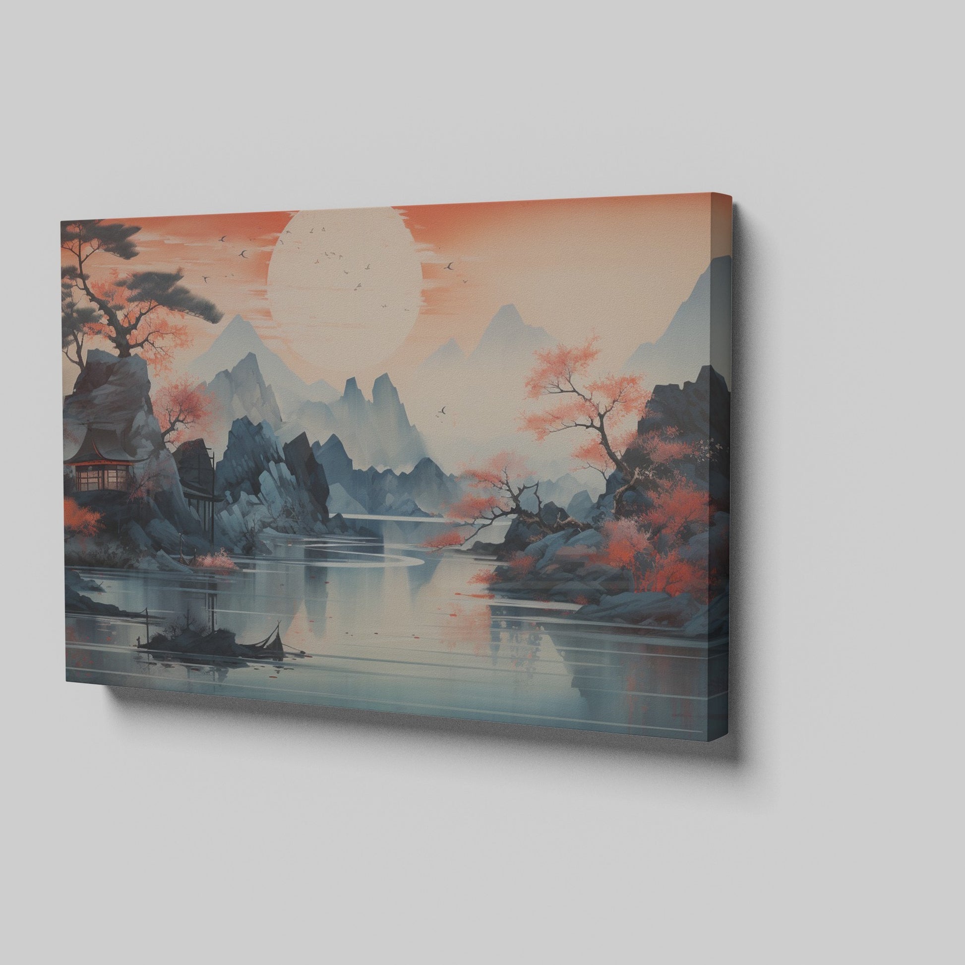 Framed canvas print of an Oriental Sunset with Cherry Blossoms and Mountains