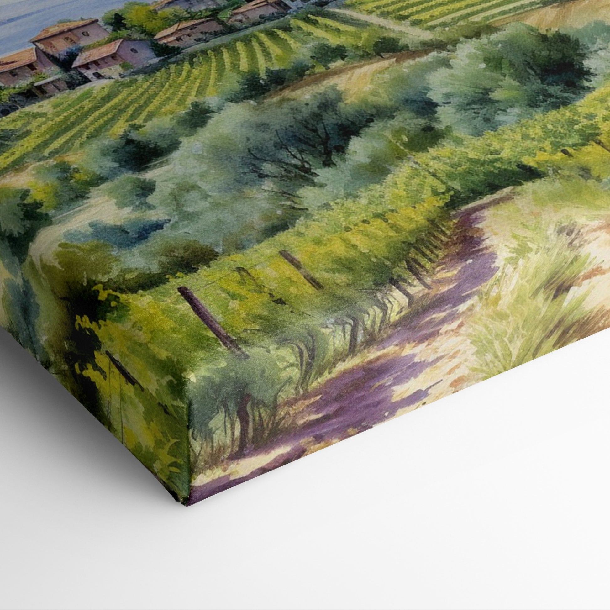 Framed canvas print of a Tuscan countryside panorama with a vineyard and rolling hills in watercolor style