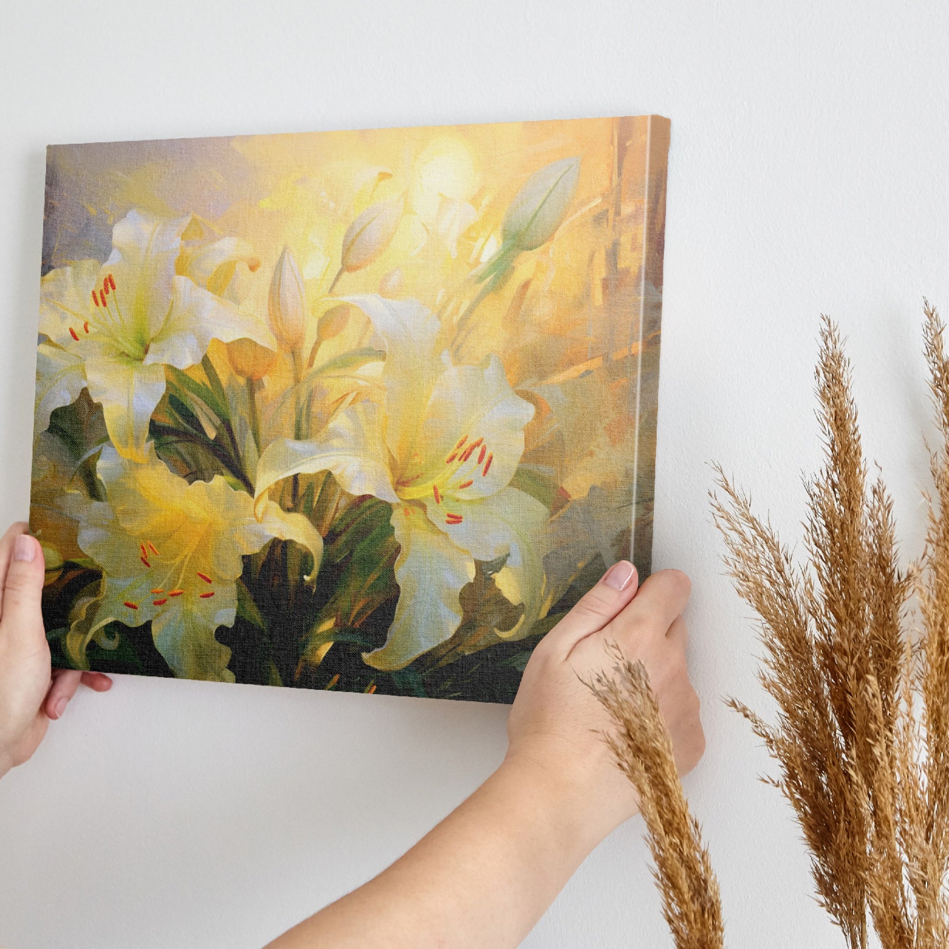 Framed canvas print of impressionist lilies in warm shades of yellow and cream