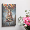 Framed canvas print of a whimsical girl floating with colourful balloons against a mystical city backdrop