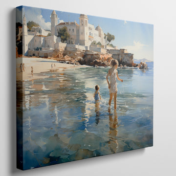 Framed canvas print of a sunlit Mediterranean beach with a mother and child