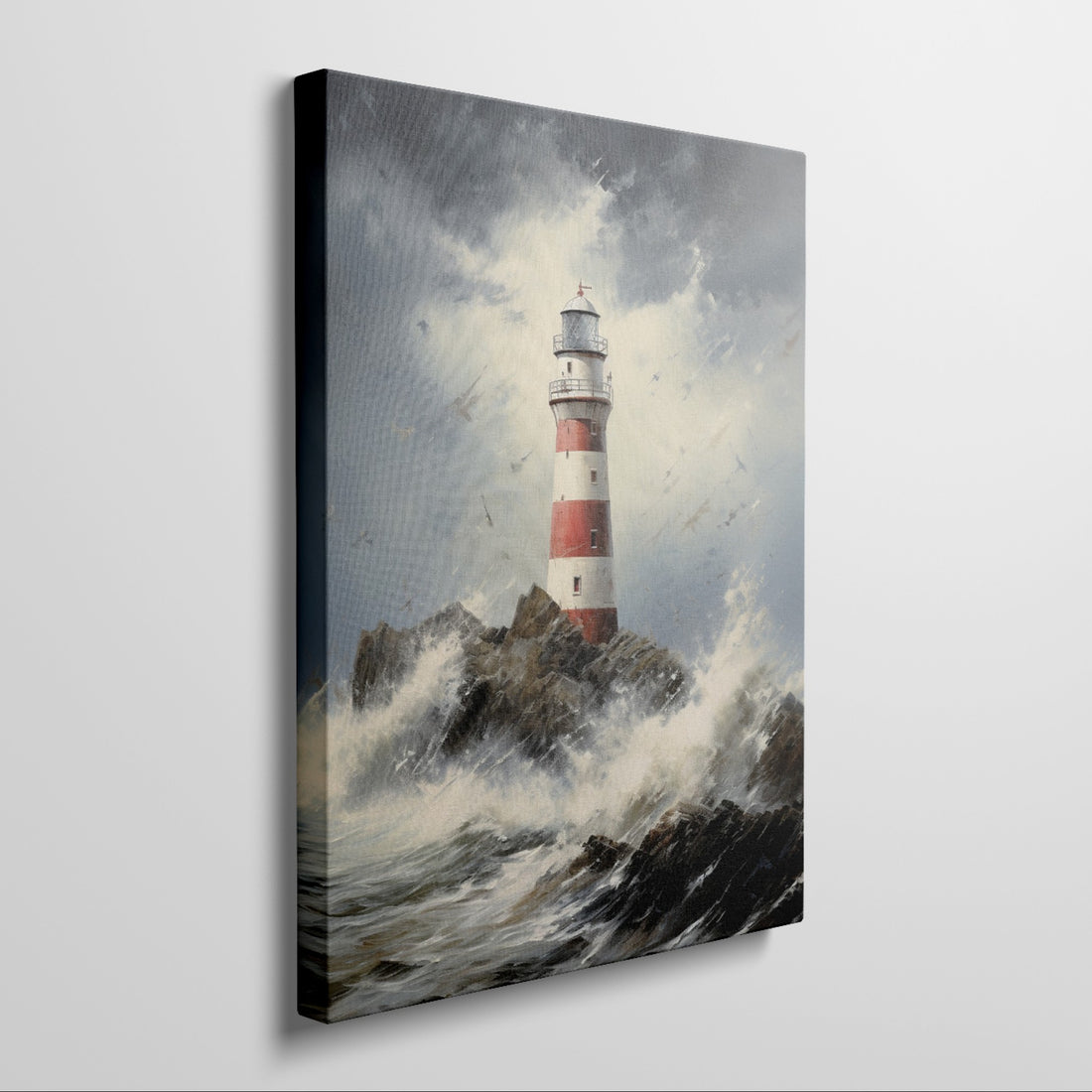 Framed canvas print of a lighthouse on rocky shores with turbulent waves and stormy sky