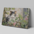 Framed canvas print of impressionist painting featuring a cat with roses and green leaves