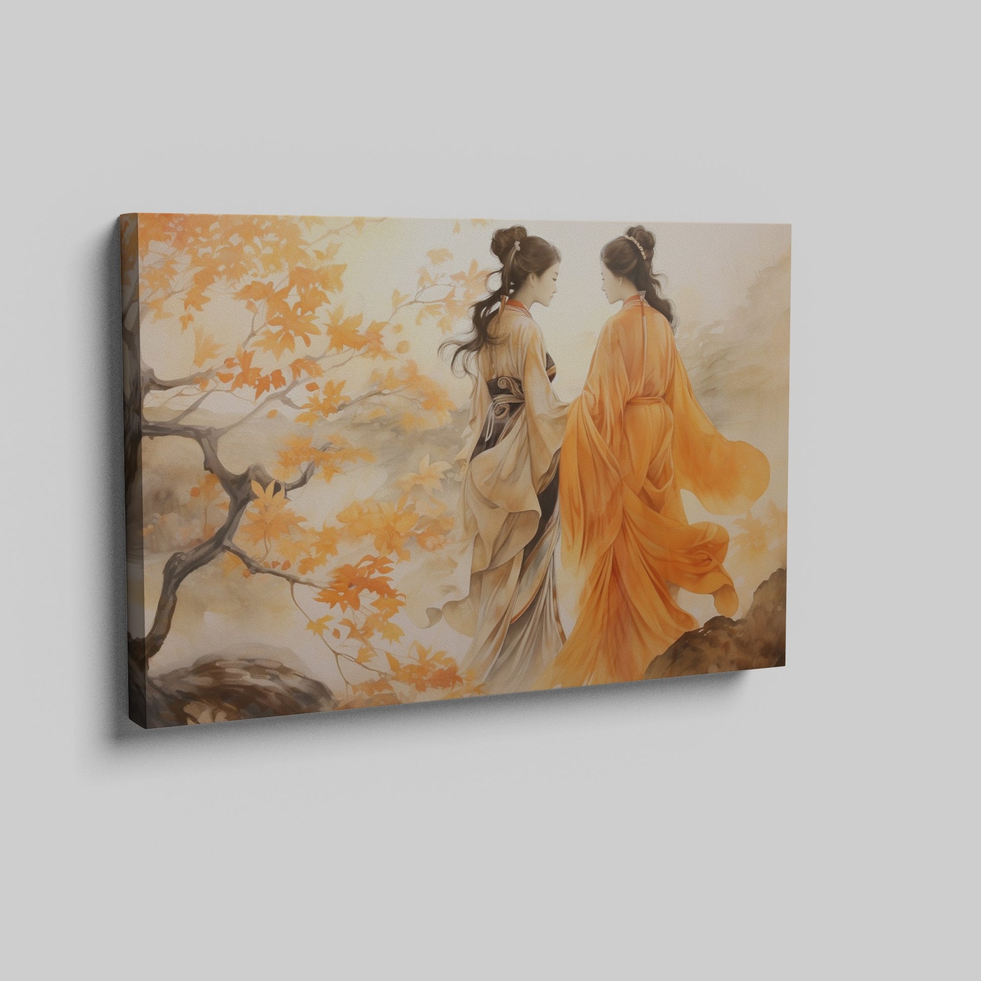 Framed canvas print of two elegant figures in traditional Chinese attire amidst vibrant orange autumn leaves.