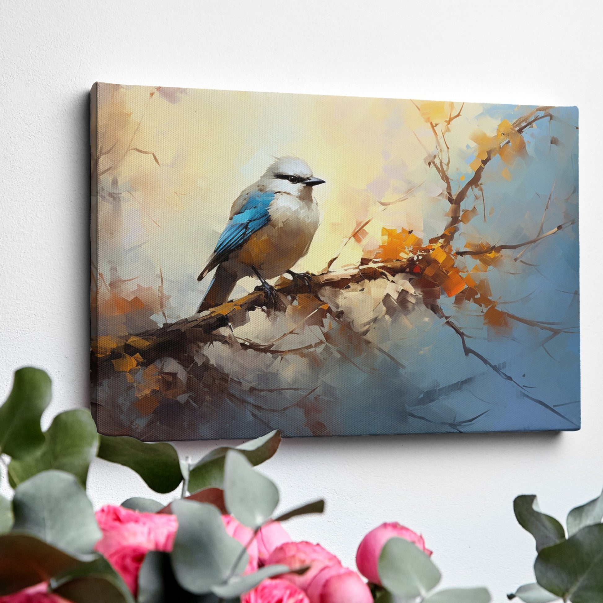 Framed canvas print of a stylised blue bird sitting on a branch with impressionistic brushstrokes