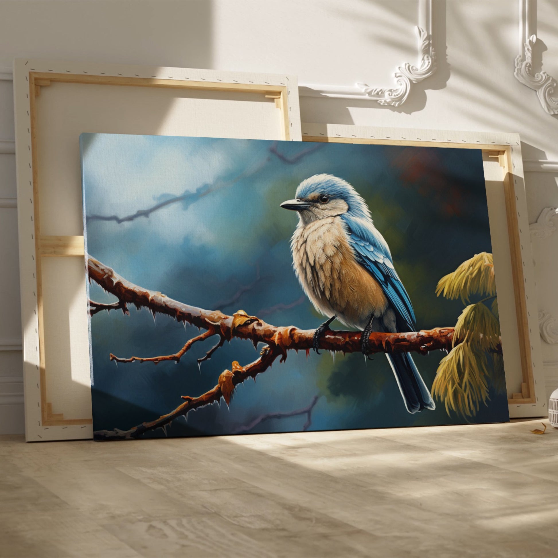 Framed canvas print of a realistic blue jay perched on a branch with intricate detail and vibrant colours