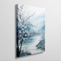 Framed canvas print of serene cherry blossoms by a river in watercolour style