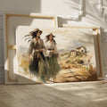 Impressionistic painting of two women in traditional dresses with a countryside backdrop.