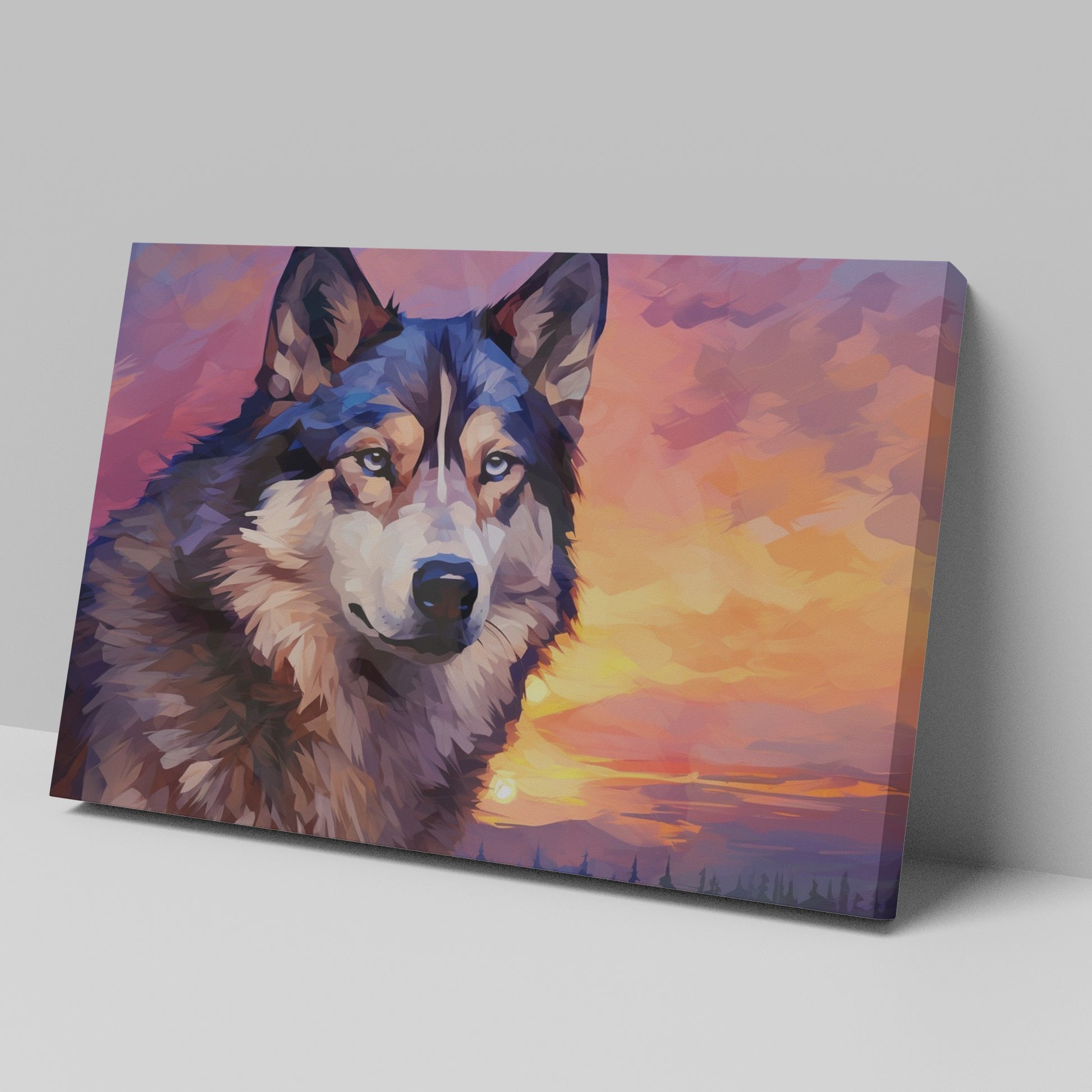 Framed canvas print of a stylized geometric husky against a colourful sunset