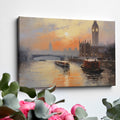 Framed canvas print of London's Westminster skyline at sunset with soft orange and blue tones