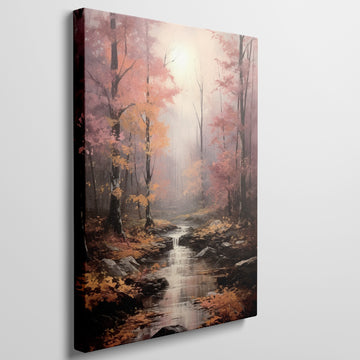 Framed canvas print of an autumn forest with a waterfall and misty atmosphere