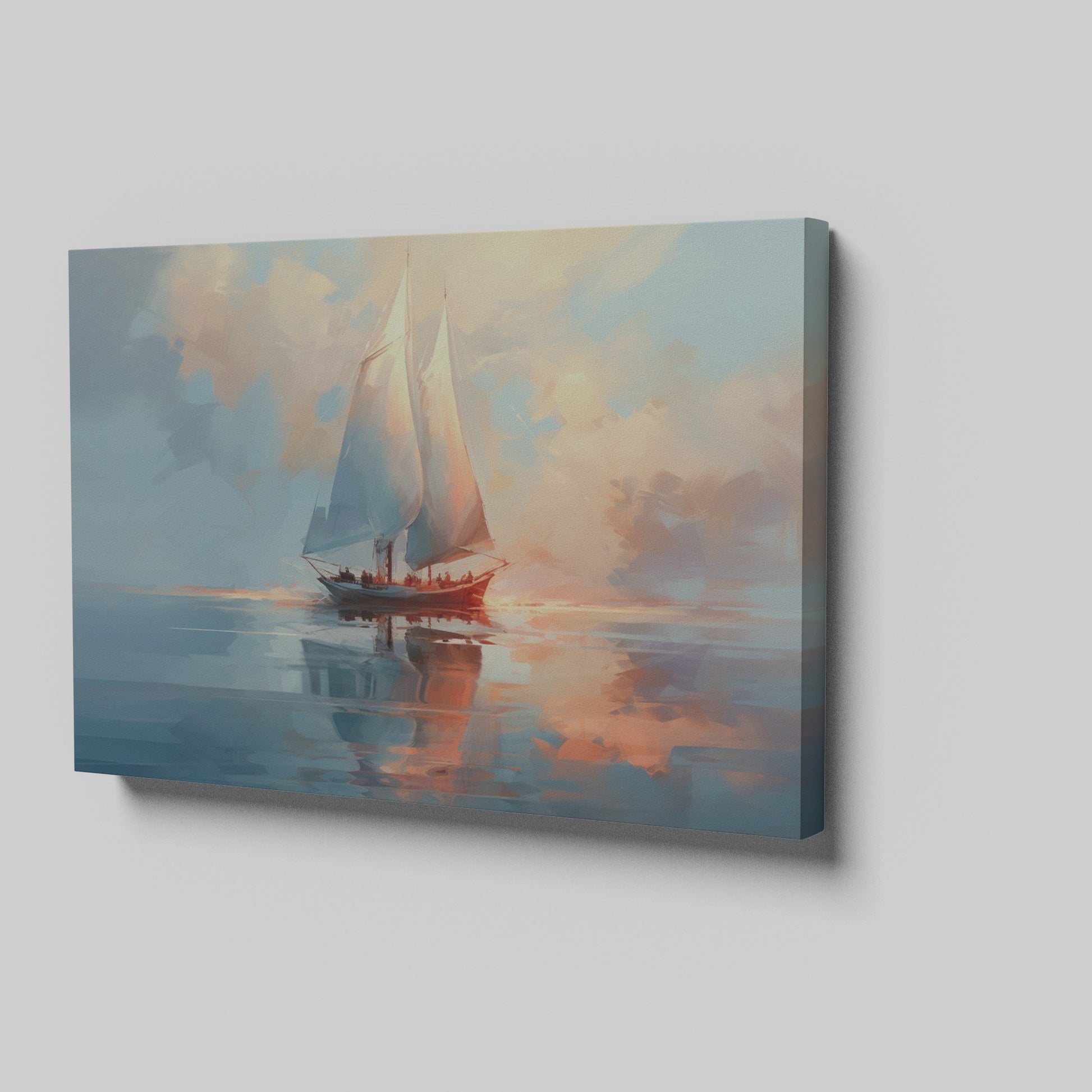 Framed canvas print of an impressionist depiction of a sailboat at sunset with vibrant sky and water reflections