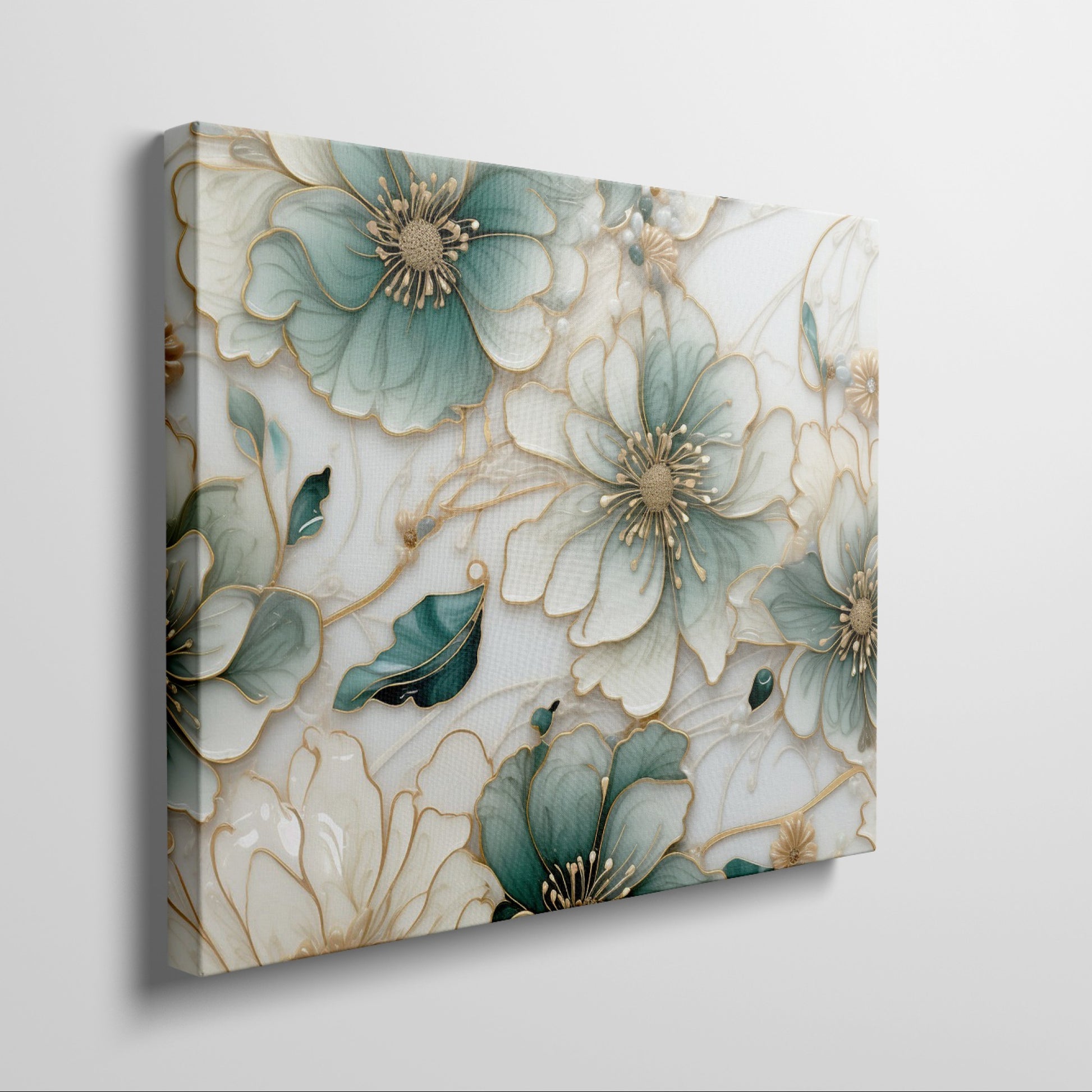 Framed canvas print of abstract turquoise and ivory flowers with gold trim