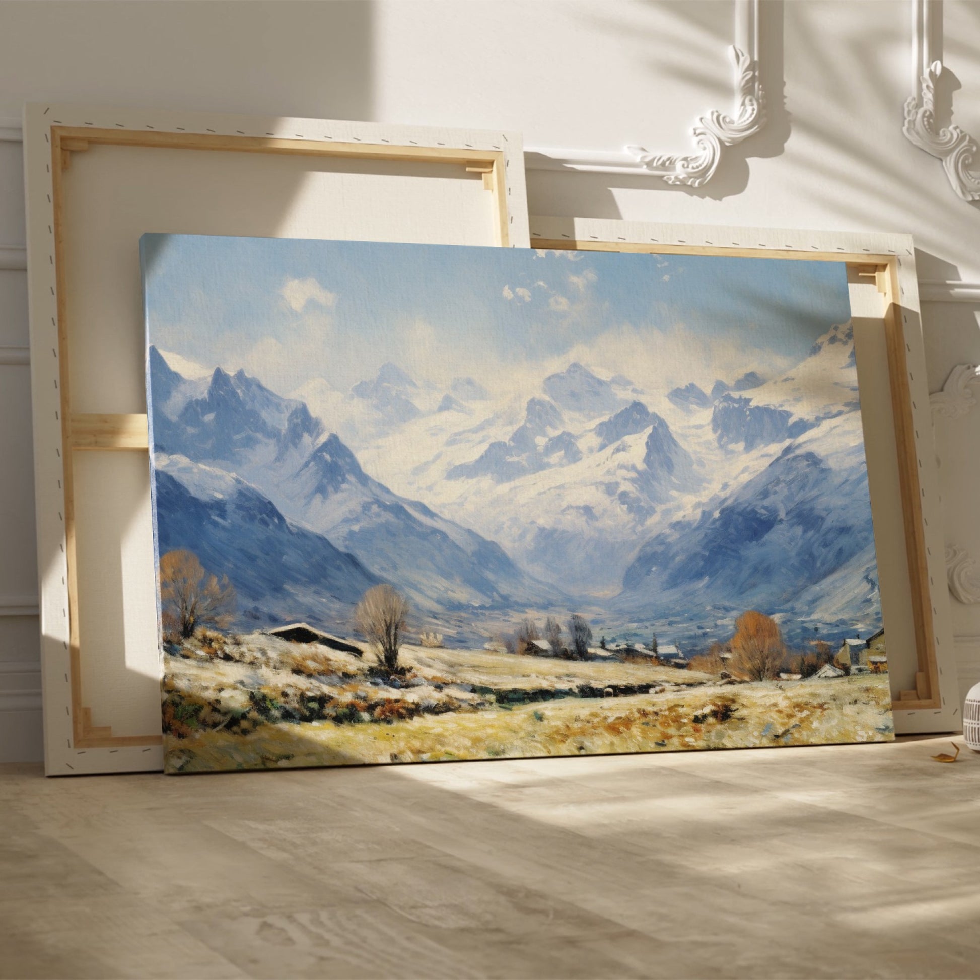 Framed canvas print of an impressionist painting featuring a snowy mountain landscape with an alpine village