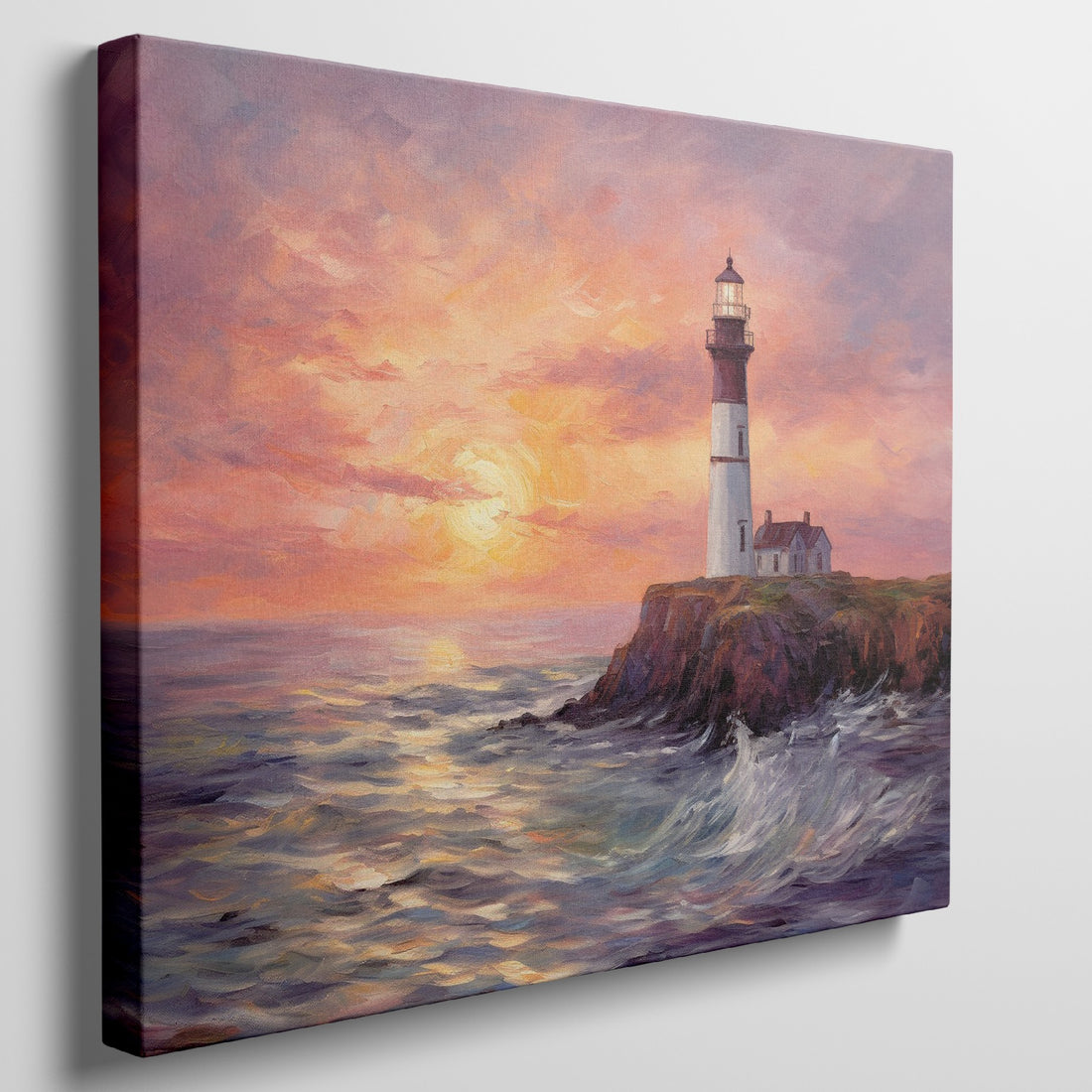 Impressionist painting of a lighthouse at sunset with orange sky and blue sea