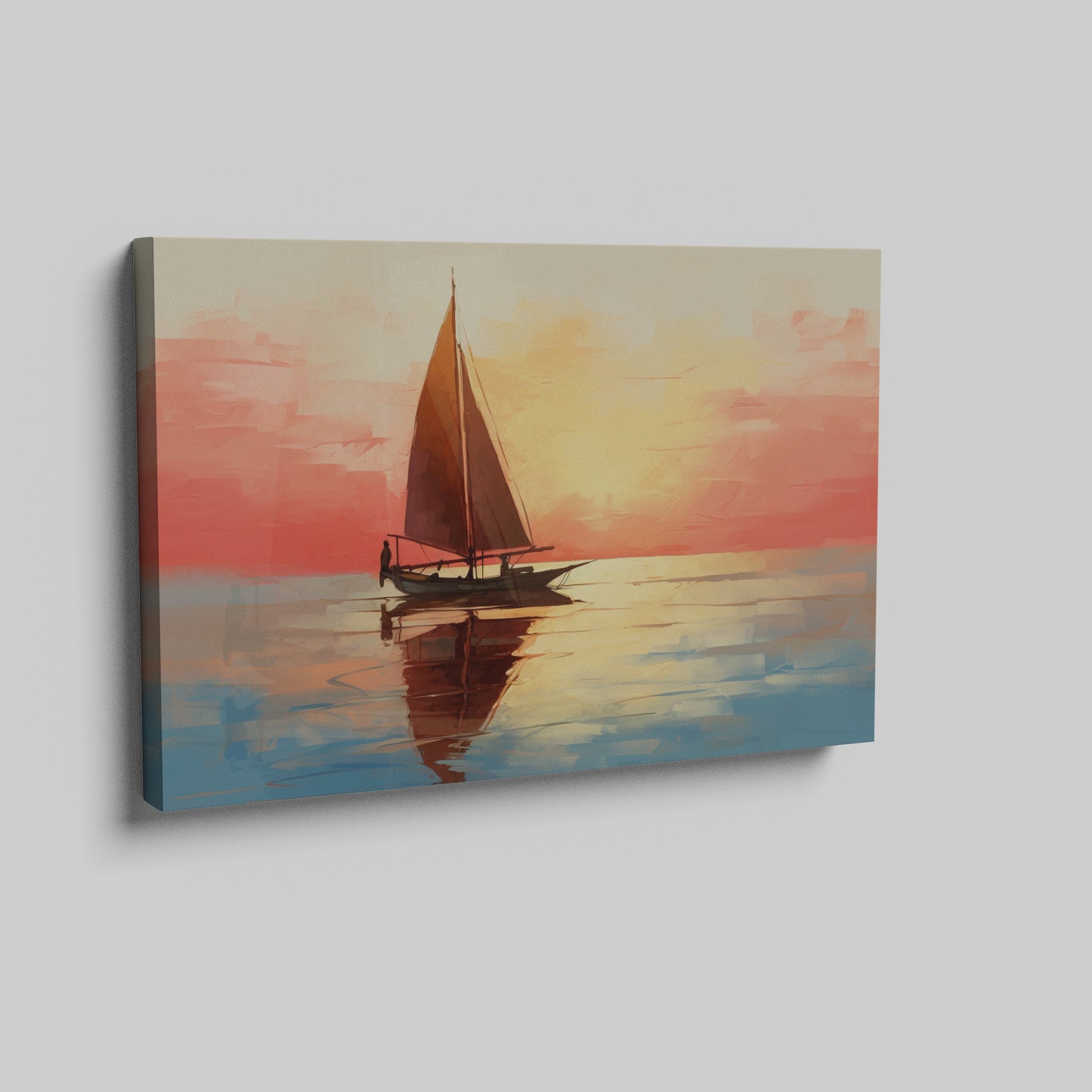 Impressionistic sailboat at sunset with vibrant orange, red, and blue hues reflecting on water