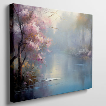 Framed canvas print of a serene landscape with cherry blossoms and a misty lake